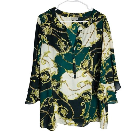 Avenue Equestrian Tunic Blouse Womens 18/20 Green 3/4 Flutter Sleeve Popover - Picture 1 of 10